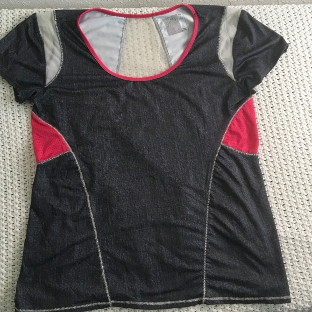 LUCKY IN LOVE SHORT SLEEVE DRYFIT SHIRT SIZE LARGE PINK AND GRAY